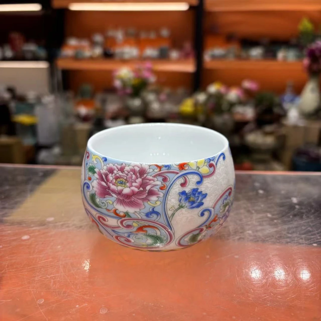 桃子茶器 羊脂玉瓷掐丝牡丹禅定主人杯茶杯品茗杯-5458