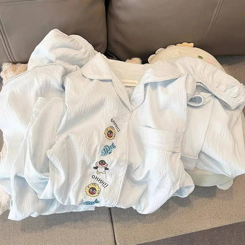 蓝企鹅睡衣女款春秋夏季云朵棉短袖短裤长裤三件套卡通可爱家居服