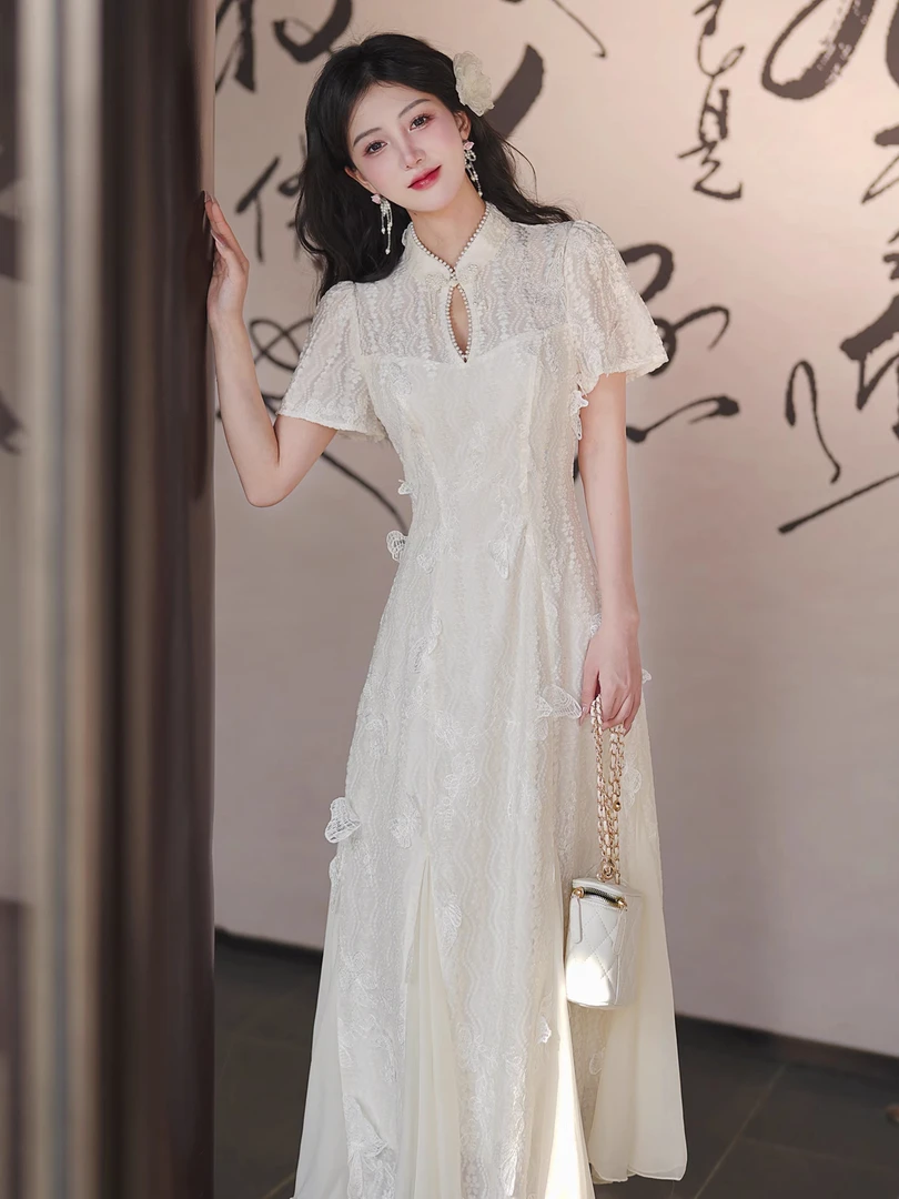 2025夏季新中式国风高级感立体蝴蝶绣花旗袍连衣裙鱼尾裙礼服长裙