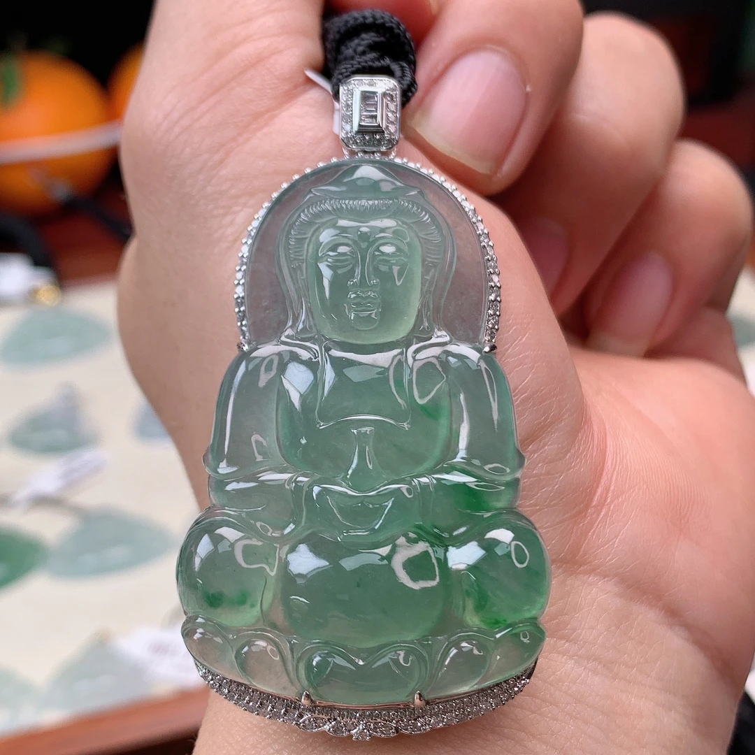 缅甸天然A货翡翠18K金镶冰种飘阳绿观音吊坠61.9×33.7×8.6mm