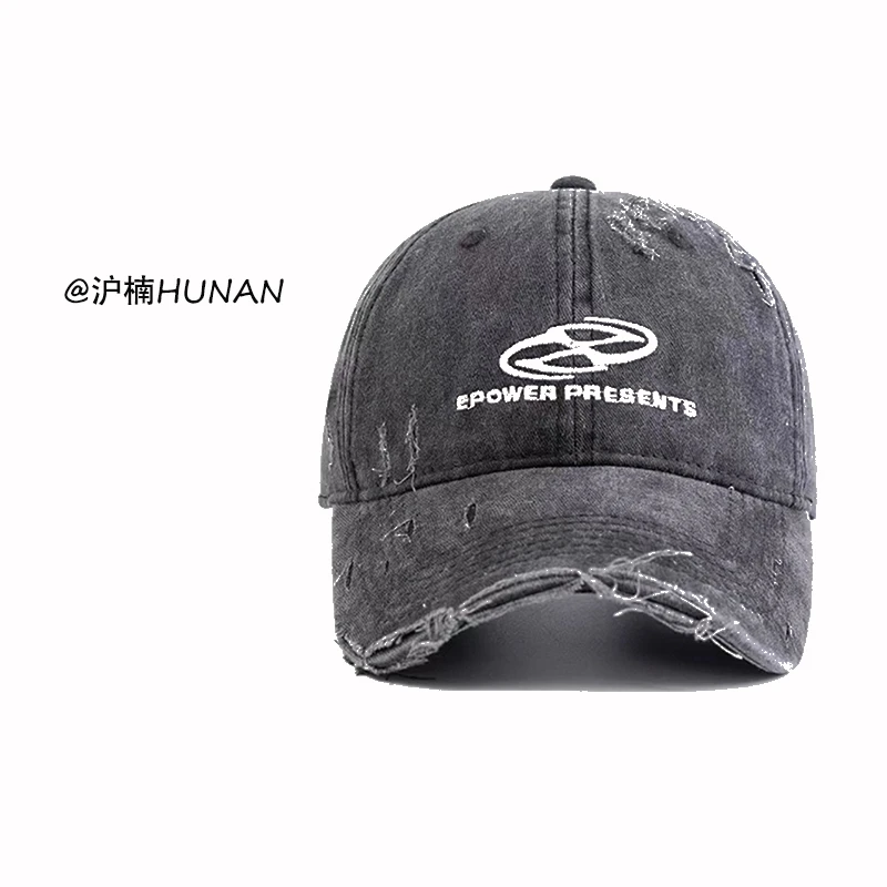 韩版破洞做旧水洗牛仔布鸭舌帽字母刺绣百搭潮流显脸小大帽檐帽子
