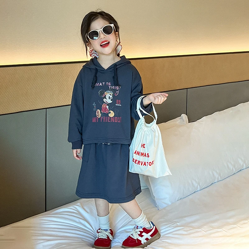 R25013韩版女童春季休闲套装字母卡通连帽卫衣洋气工装半身裙童装