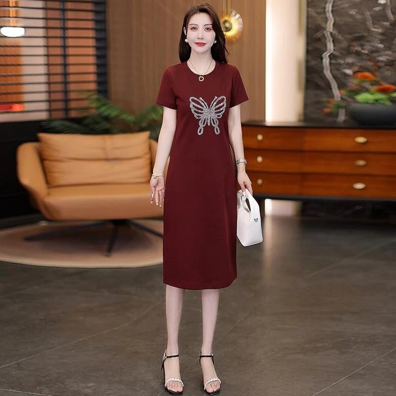休闲简约短袖t恤裙女夏季新款宽松显瘦大码休闲镶钻蝴蝶体恤裙子