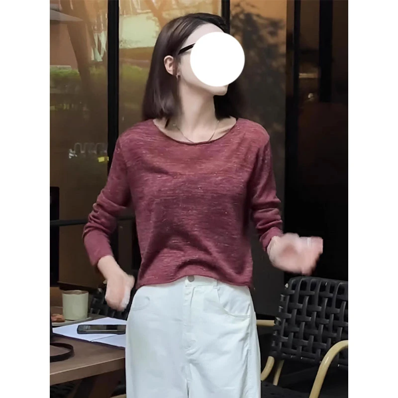 复古简约时尚红色圆领长袖T恤女新款早秋宽松休闲显瘦内搭上衣潮
