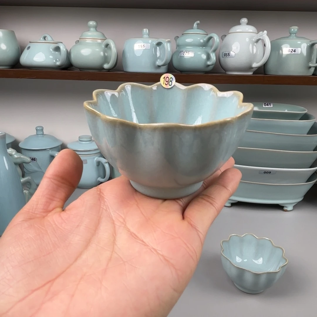 摆件陶汝瓷莲花杯支钉烧天青釉孤品特价