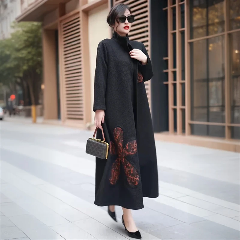 87冬季加厚加绒保暖气质长款大衣时尚大码中老年妈妈立领风衣外套