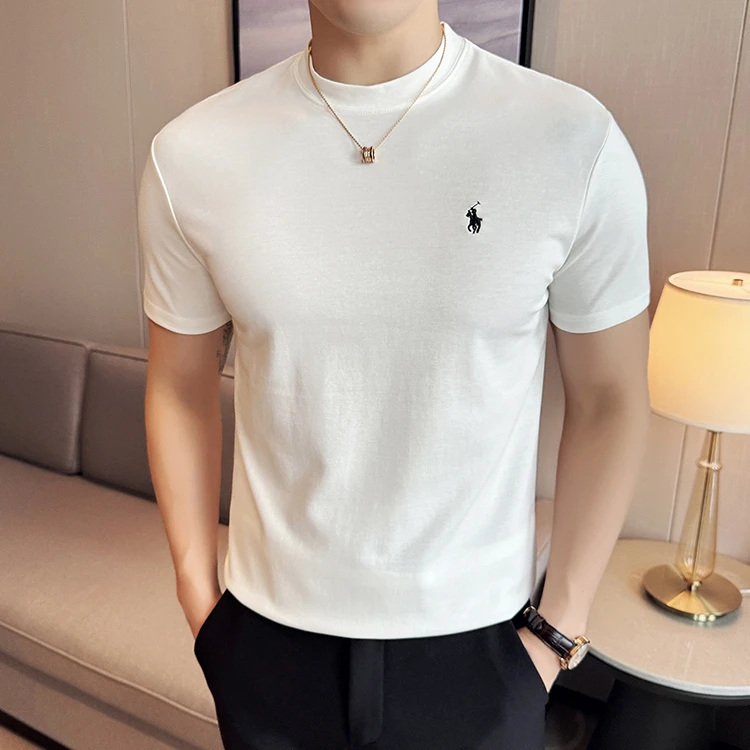 夏季潮流高端小马刺绣短袖t恤男士商务休闲修身半袖英伦白色小领