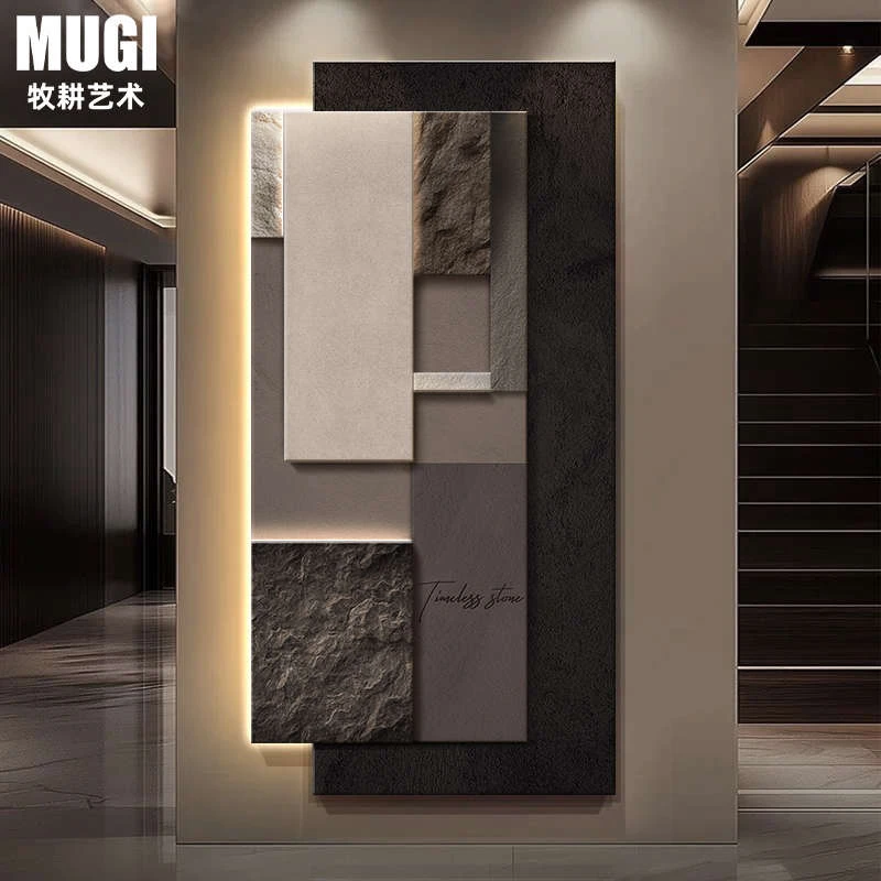 轻奢高级感入户进门玄关装饰画抽象几何走廊过道尽头挂画砂岩壁画