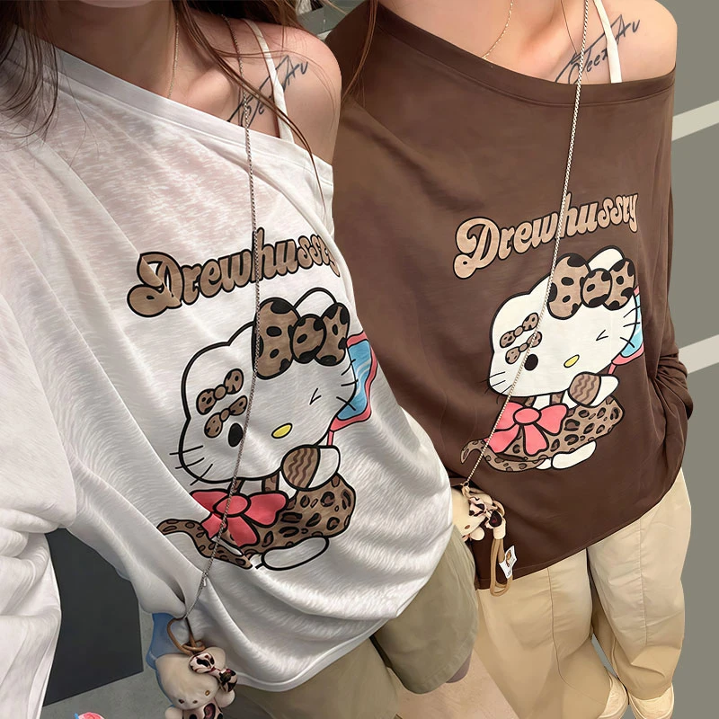 豹纹kitty卡通印花斜肩长袖T恤宽松薄款防晒衫2025新款