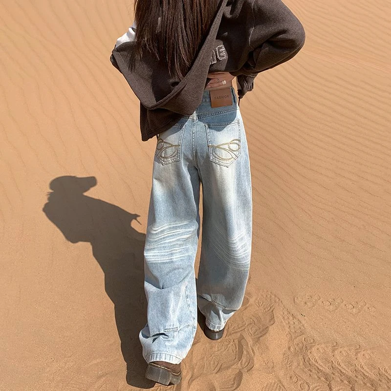 2025秋季新款个性设计感高腰宽松阔腿牛仔裤女显瘦直筒宽松拖地裤