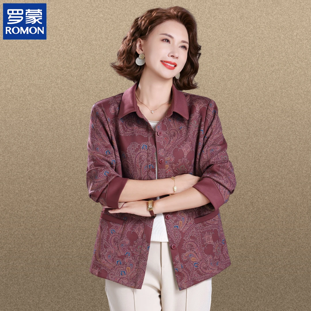 罗蒙洋气妈妈秋装连帽外套中年印花休闲棉夹克秋季中老年女装上衣