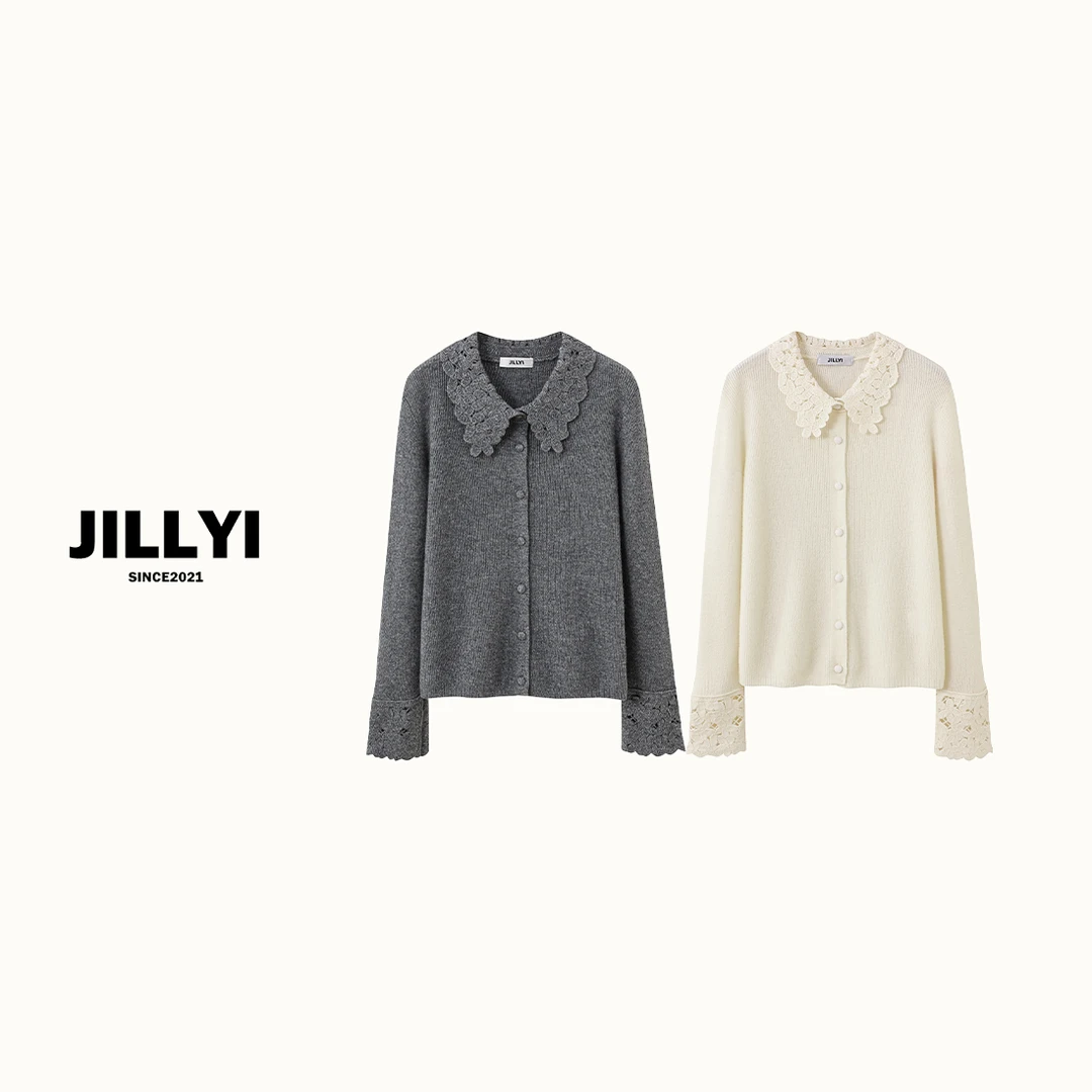 JILLYI【繁华纯净】灰白双色花瓣领少女气质时尚百搭针织开衫