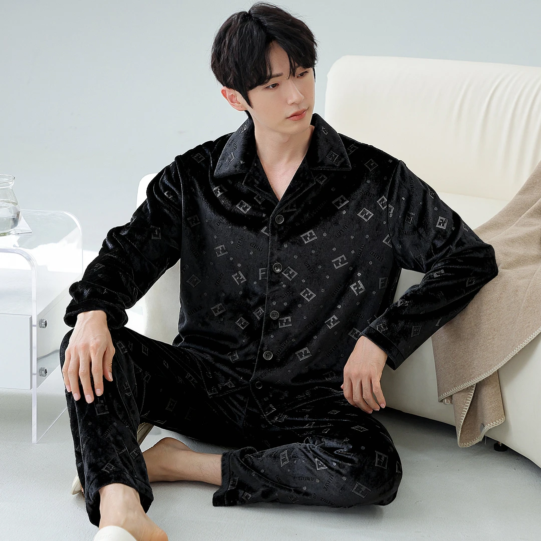 YIHAN-海岛绒保暖加绒睡衣男双面加厚锁温亲肤冬天男士家居服套装