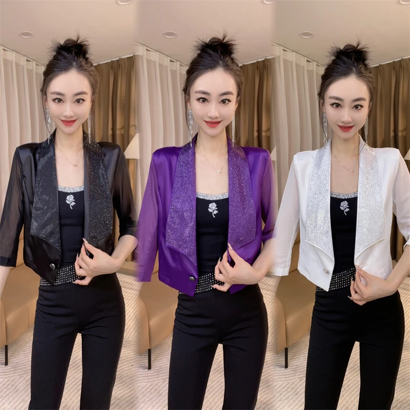 超薄重工烫钻西服外套短款拼接网纱透气防晒衣