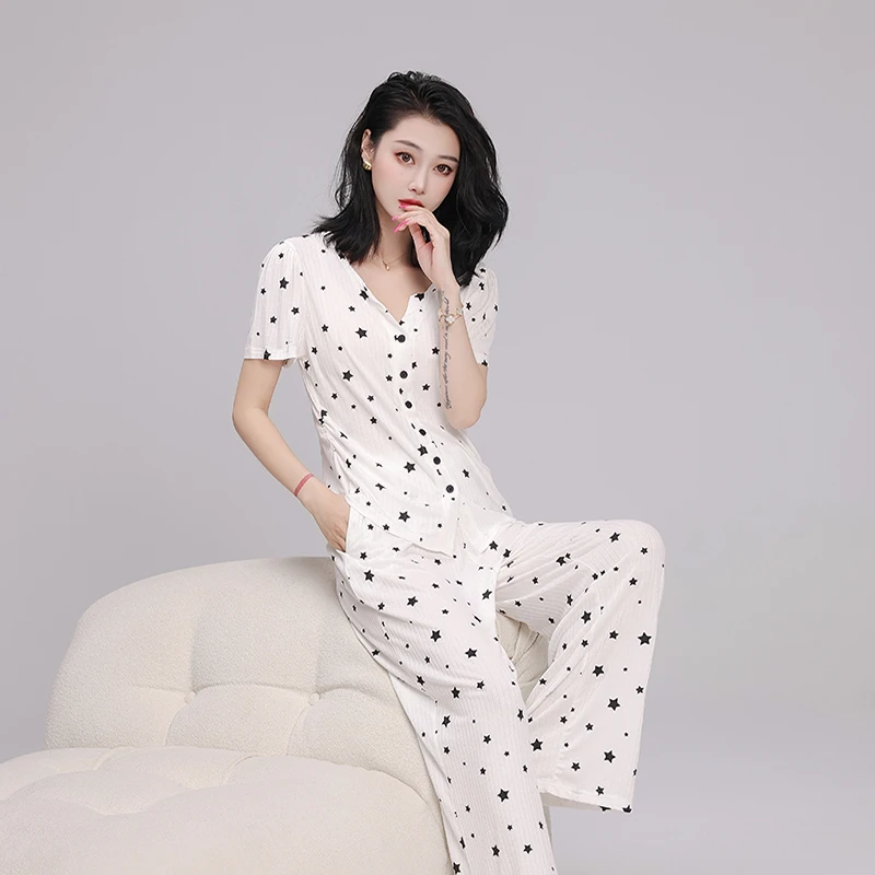 碧绒星星睡衣女春夏季薄款短袖长裤休闲空调房可外穿家居服套装