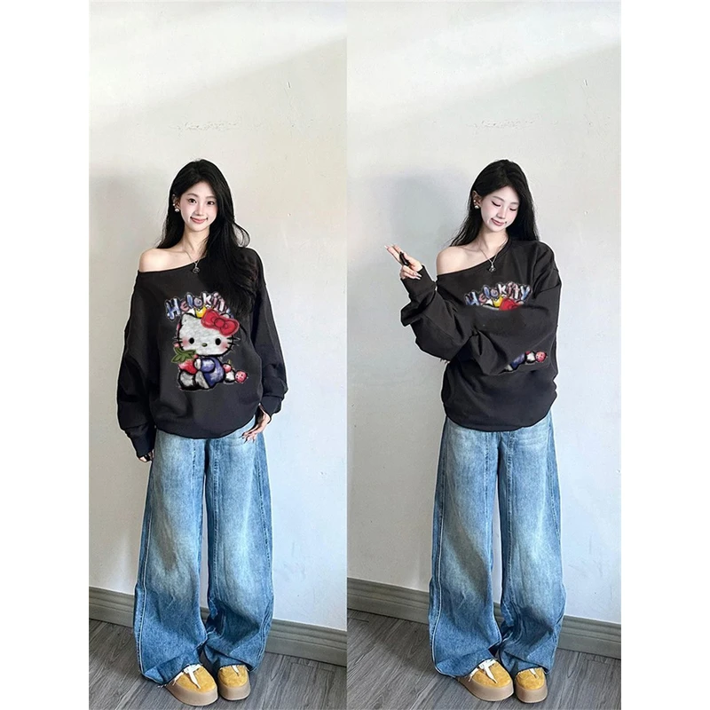 【ZHAP】斜领露肩百搭卫衣女秋季新款通勤欧美风多巴胺穿搭清新宽松