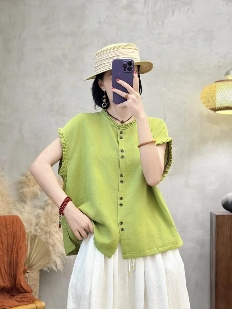 纯色无袖夏季通勤棉纱袖衬衫绿色圆领女装山本风