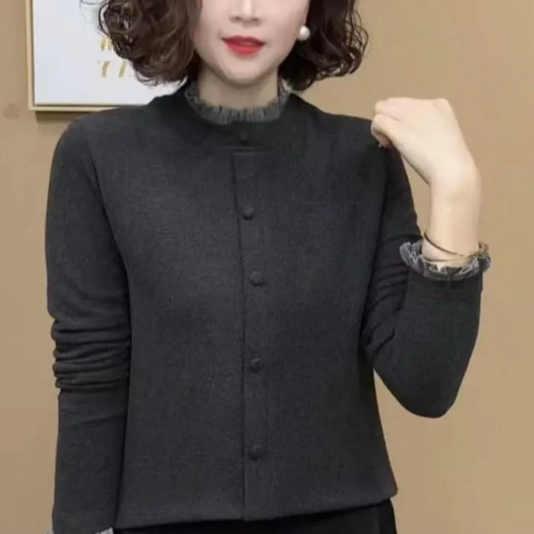 新款百搭舒适木耳花边袖加厚加绒打底衫女气质时尚设计感上衣长袖