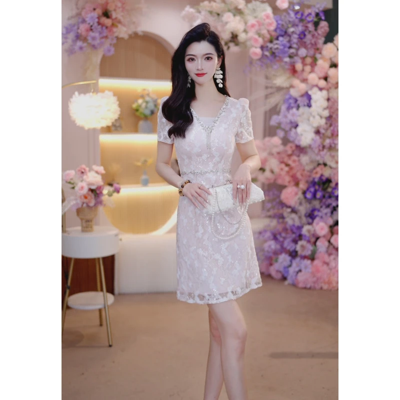 【贵气蝶满】高级感镶钻连衣裙法式蕾丝绣花修身夏季名媛A字裙6181