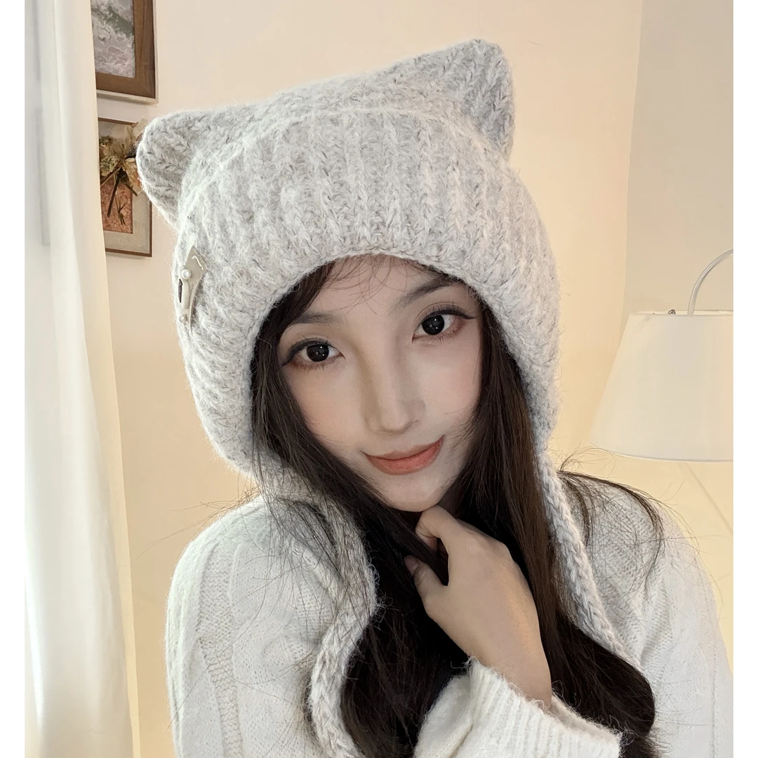 秋冬小猫耳朵内里加绒针织毛线帽秋冬百搭包头显脸小