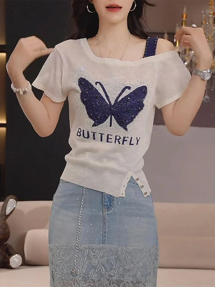 天丝毛衣薄款烫钻蝴蝶刺绣百搭露肩短袖毛织针织衫