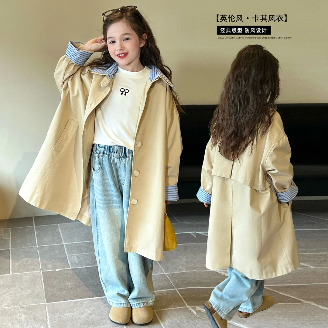 mini旦童装女童风衣外套秋季新款儿童韩版中长款洋气排扣防风大衣