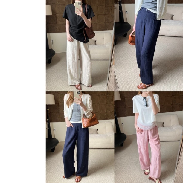 M.M跑量丝麻裤/夏季麻感天丝飘逸松紧腰直筒裤