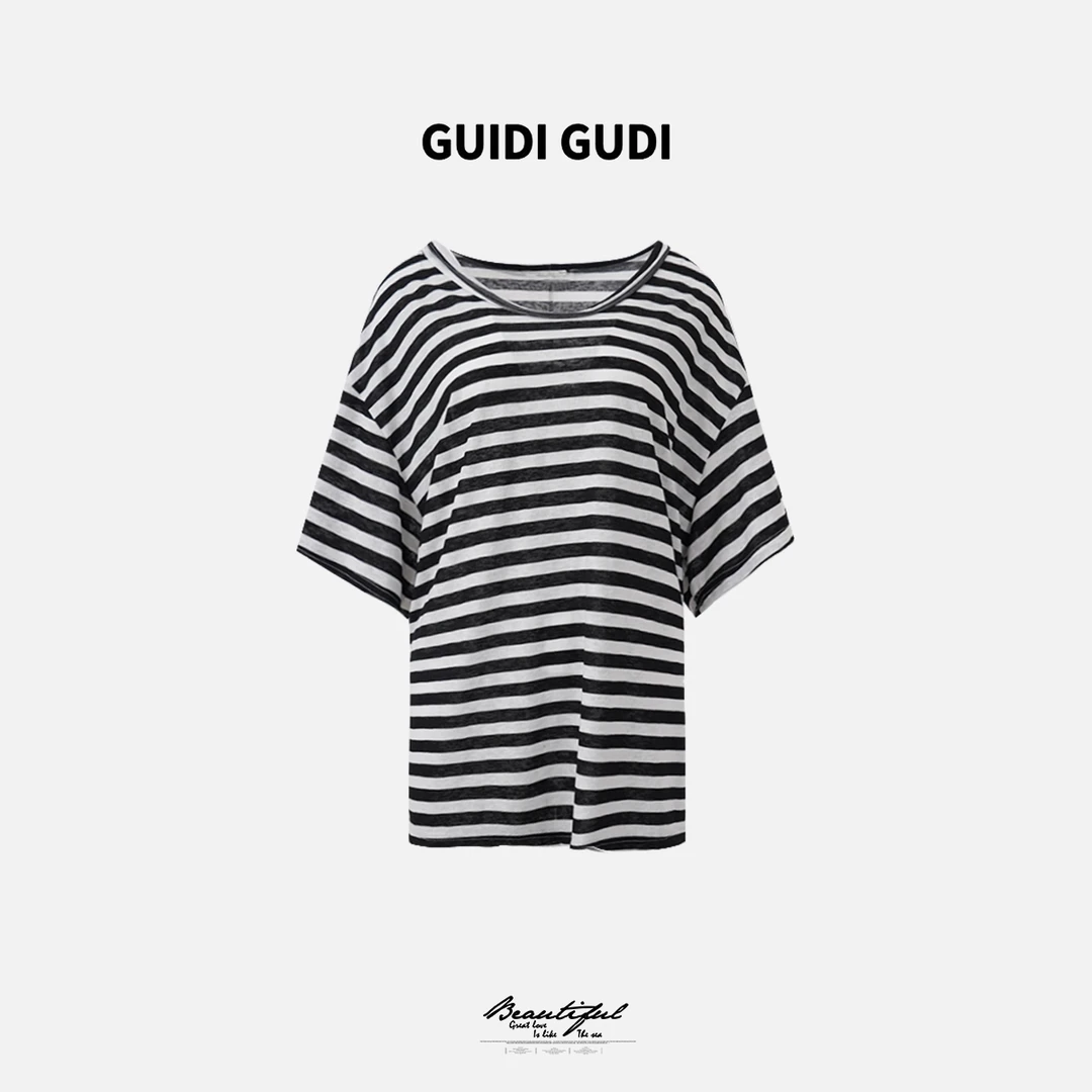 GUIDI GUDI【牛奶】百搭简约条纹短袖T恤 /黄加蓝