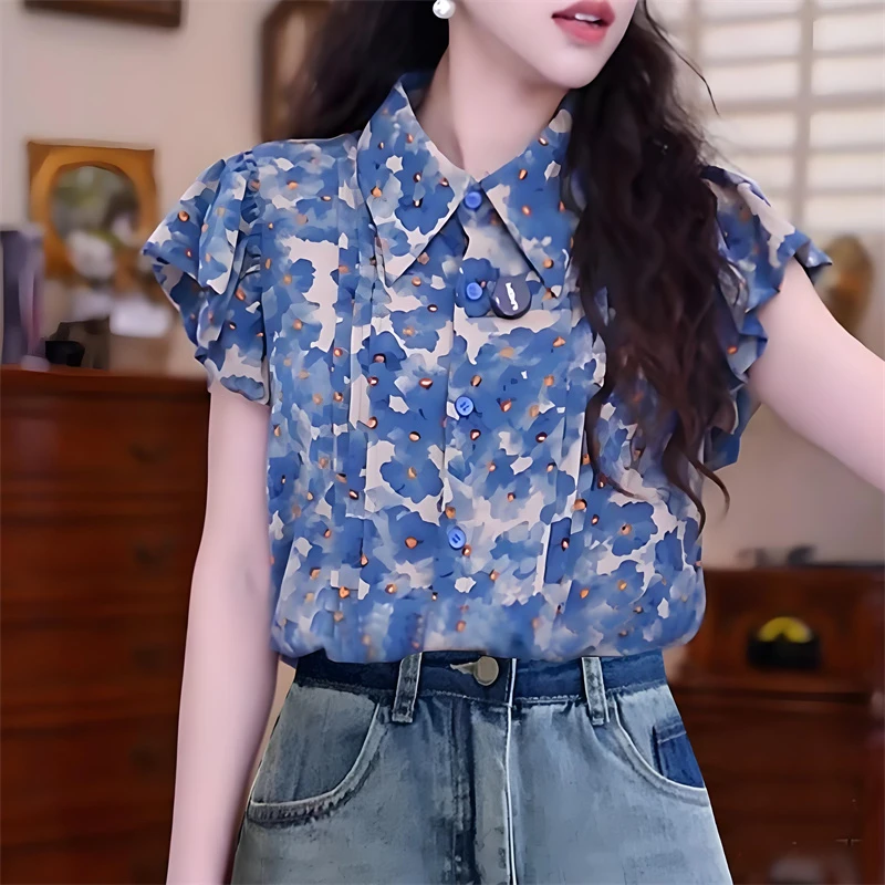 chic港风碎花短袖衬衫女夏季高级感气质上衣显瘦独特别致漂亮小衫