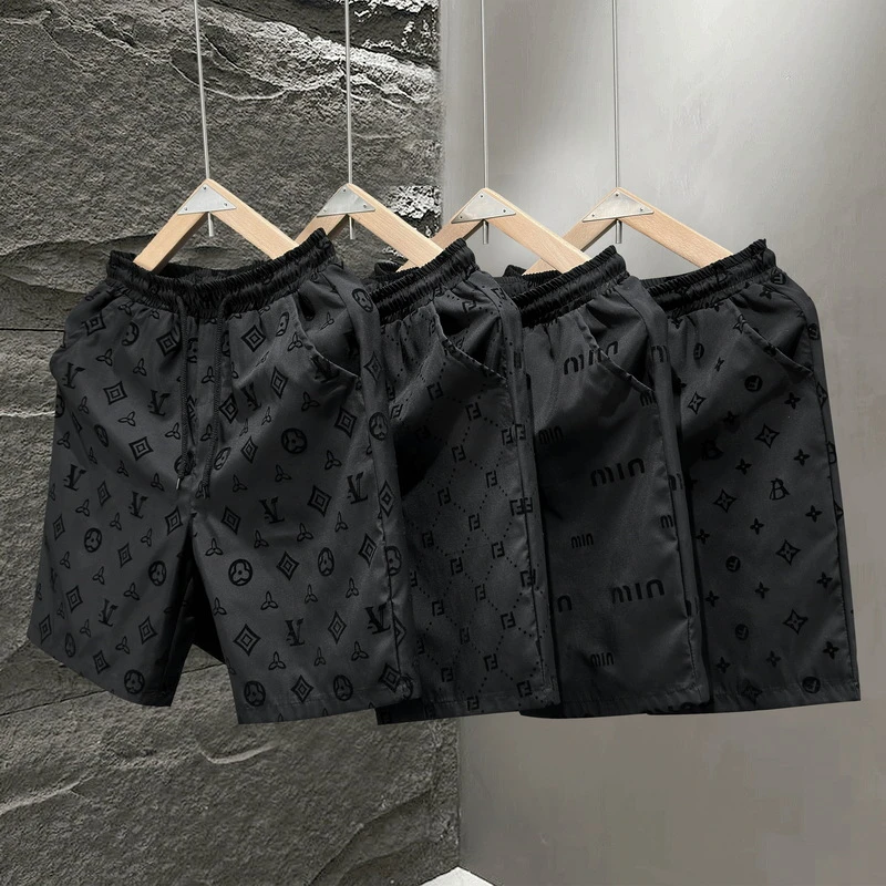 2025新款欧洲站植绒印花短裤男士夏季休闲百搭宽松透气直筒五分裤