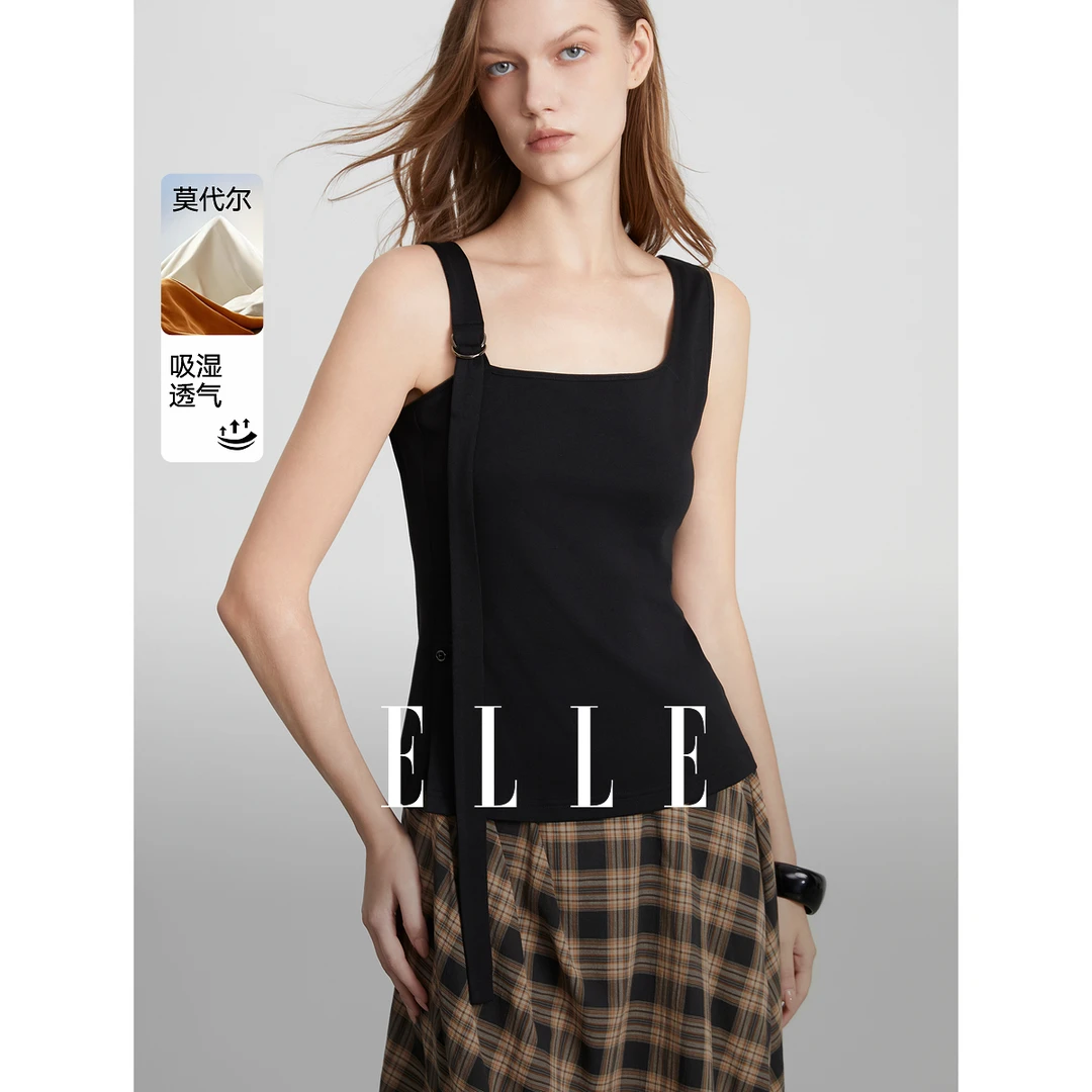 ELLE黑色莫代尔飘带背心女2025夏新款修身显瘦设计感EE51962
