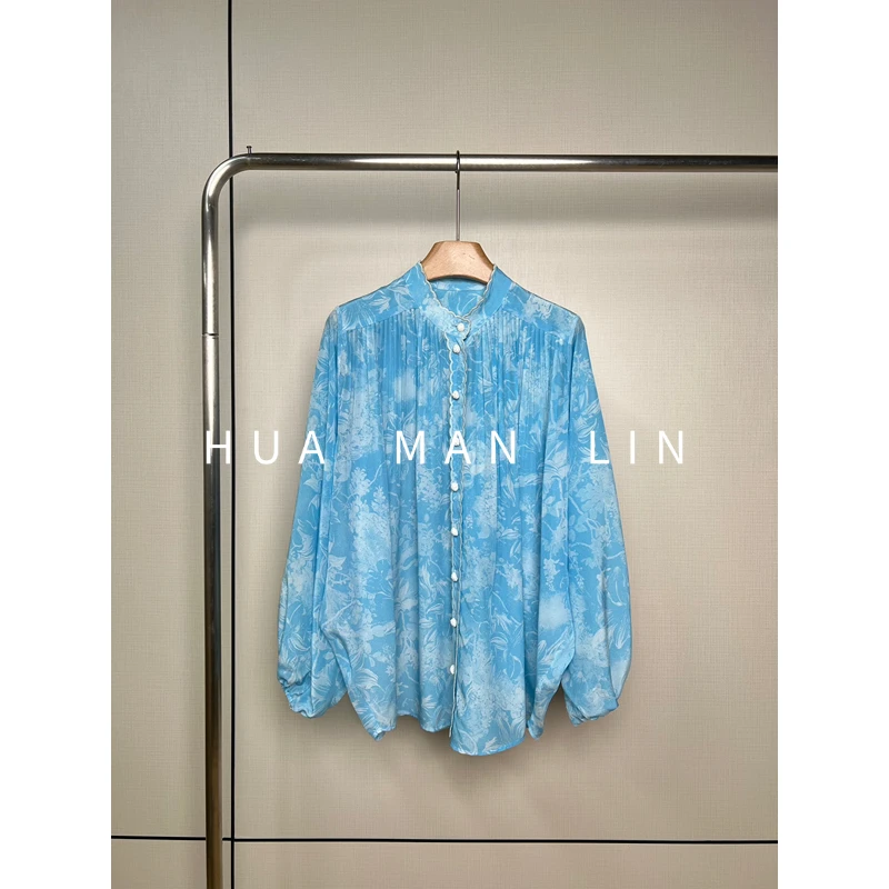 【花滿林】‘海之蓝’小立领打条阔版双绉真丝桑蚕丝上衣255773