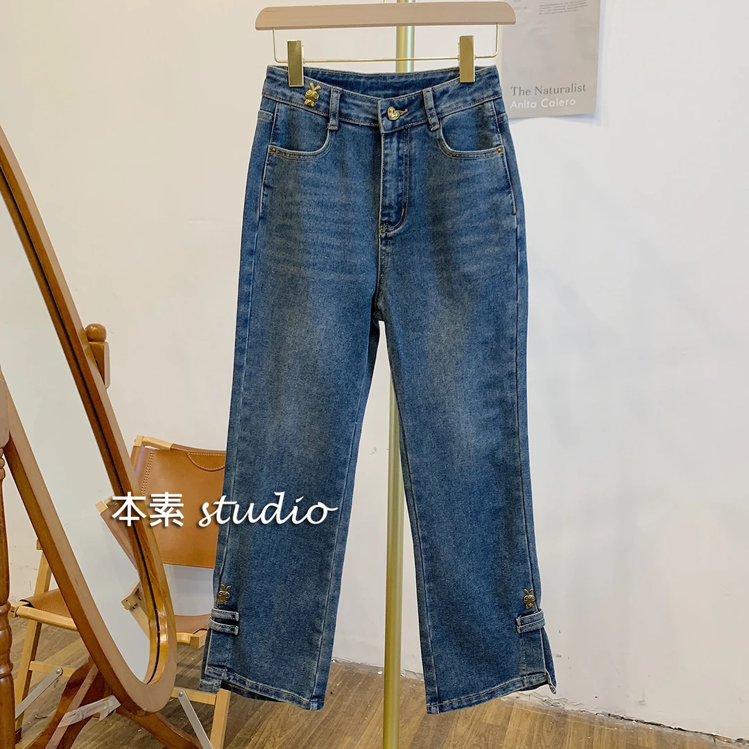 兔子牛仔裤M9748小兔子侧开叉牛仔直筒裤