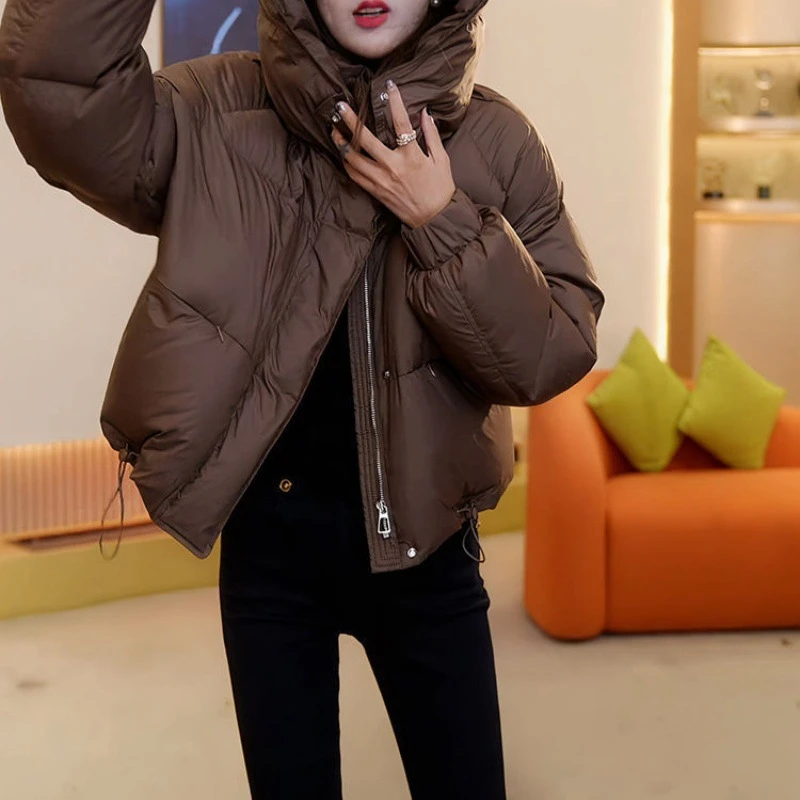 秋冬季穿搭高级感棉服女款2025年纯色洋气连帽棉服设计感短款外套