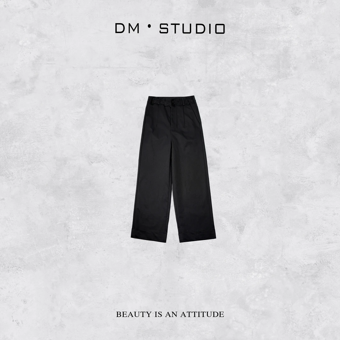 DEDM－DM•STUDIO/纯色百搭蕾丝显瘦日常通勤极简风直筒长裤（A7862）