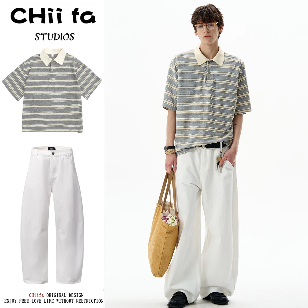 CHiifa 两件装/单件美式撞色条纹polo衫男女宽松百搭休闲短袖T恤