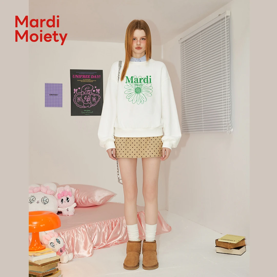 Mardi Moiety官方小雏菊白色圆领纯棉卫衣女秋季宽松设计感上衣