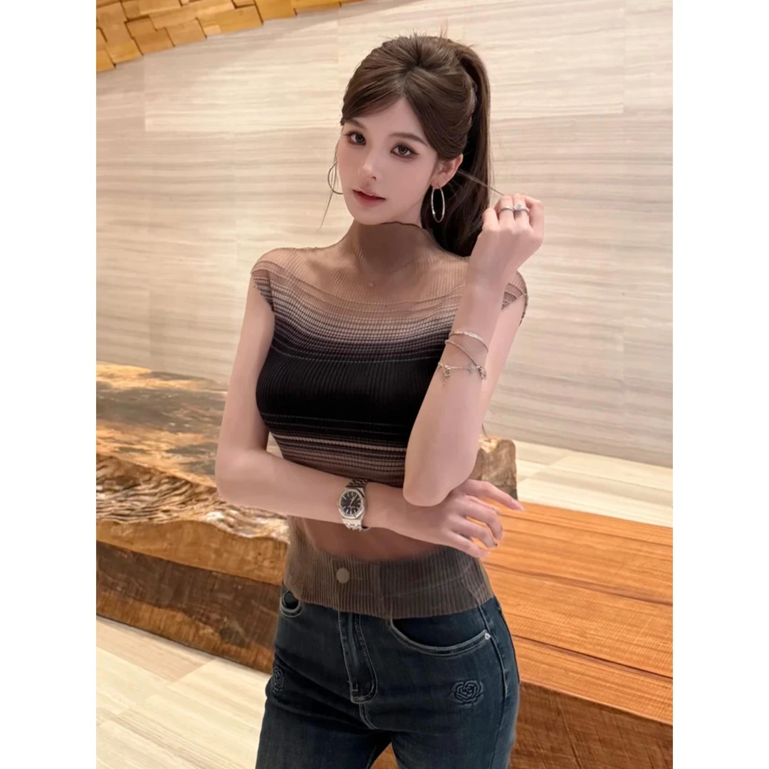 纯欲风高领透视网纱撞色针织上衣夏季收腰高弹力显瘦包臀连衣裙