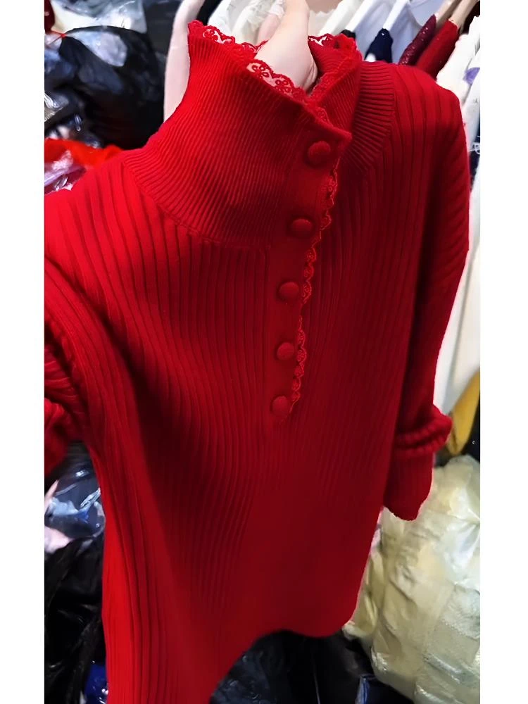 今年流行穿搭2025秋冬新款温柔风蕾丝花边拼接半高领针织长袖上衣