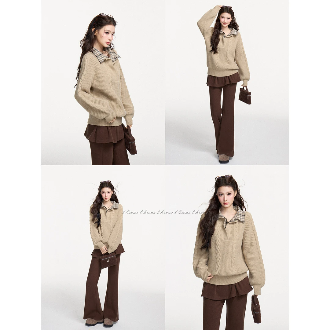 谢不肉 冬季绞花格纹拼接假两件衬衫领毛衣女显瘦时尚上衣52031