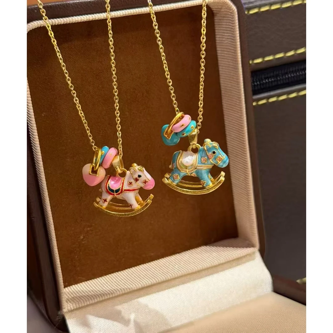 合金吊坠 【YFONI】金色木马吊坠项链