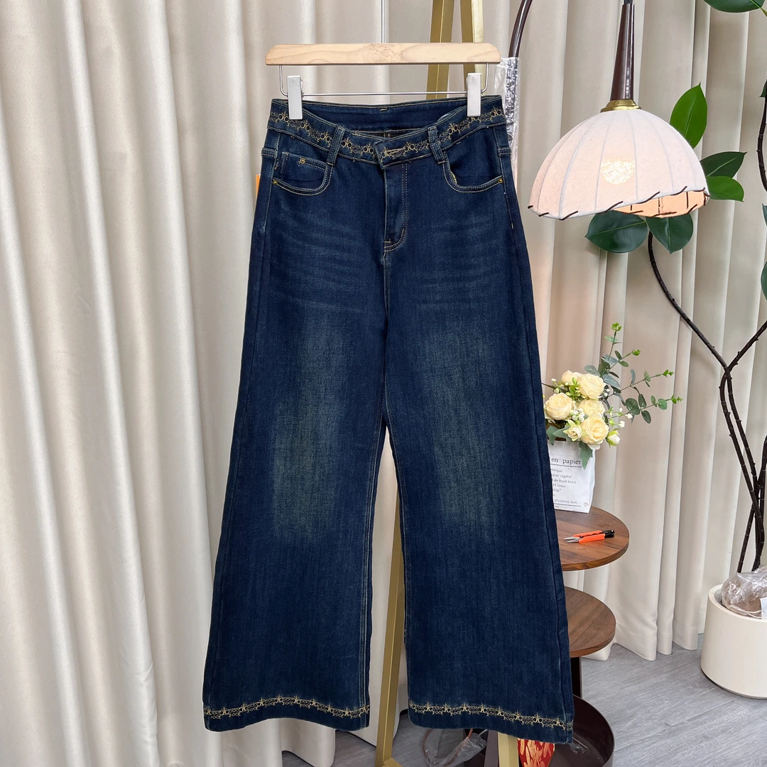 2811女装牛仔裤蓝色时尚百搭宽松水洗加绒加厚阔腿裤