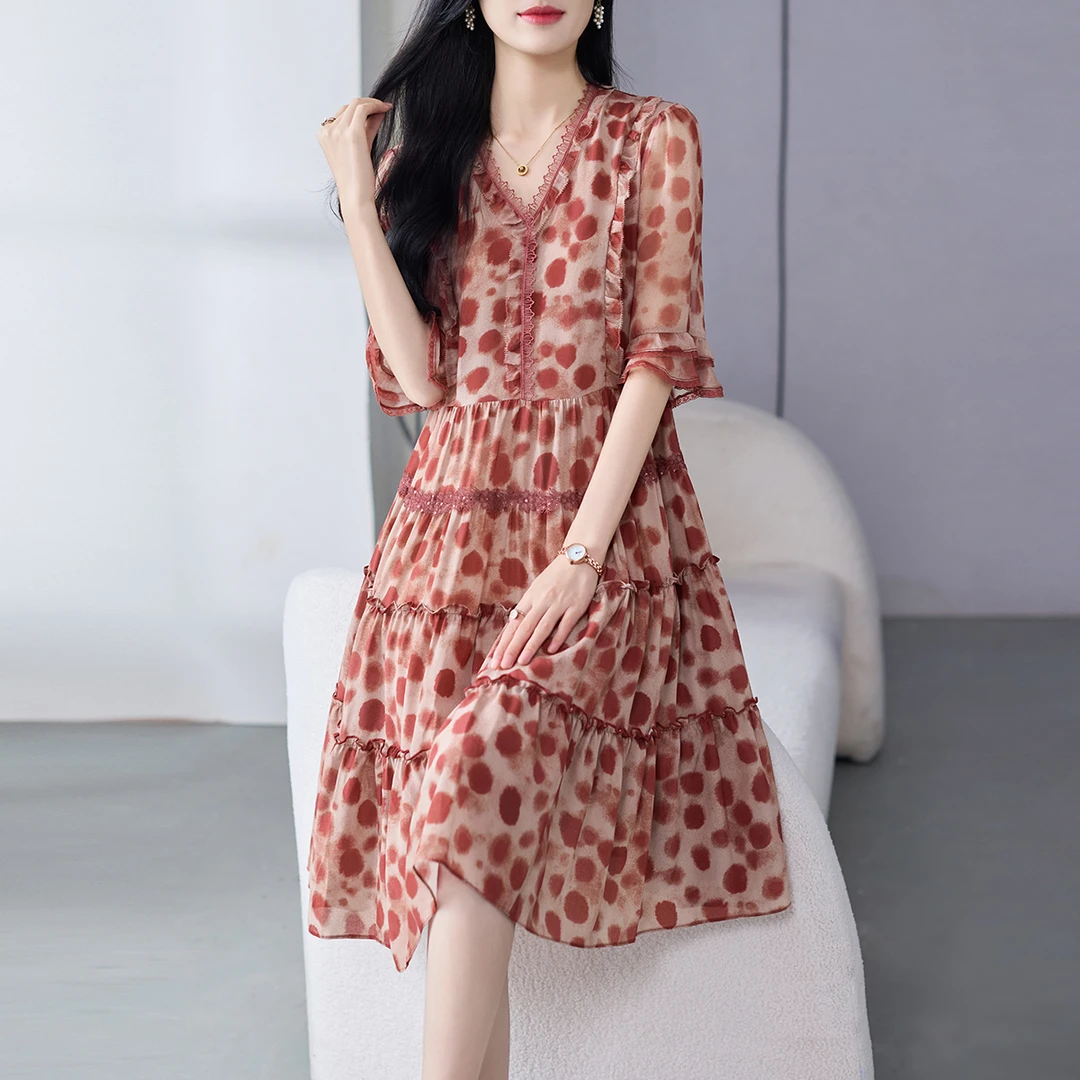 69586巨好看的掐腰波点真丝桑蚕丝连衣裙2025新款特级桑蚕丝裙