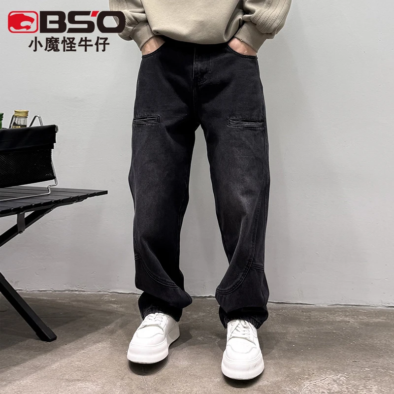小魔怪2025春季水洗做旧黑色多口袋设计牛仔裤男宽松百搭直筒长裤