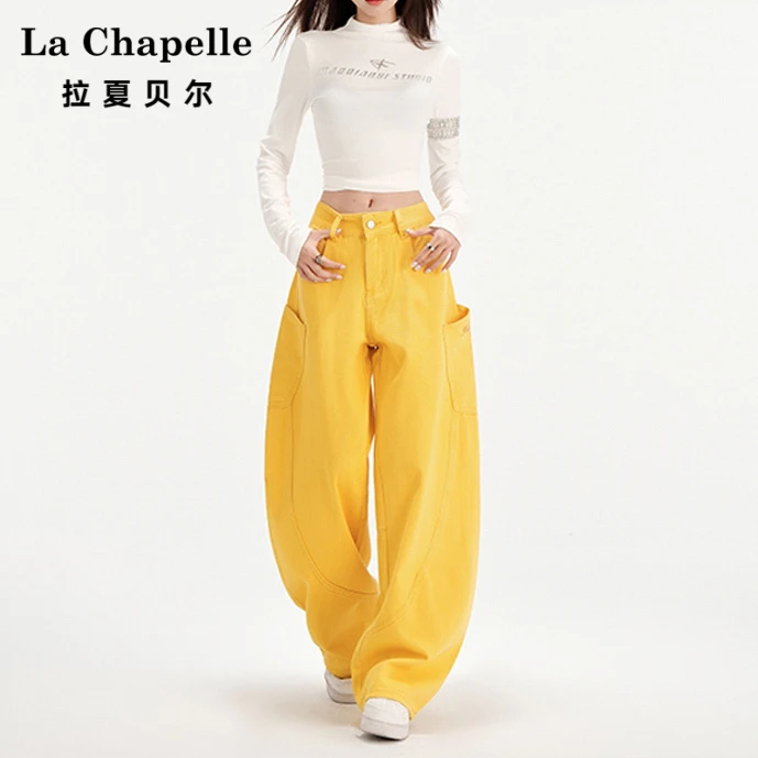 拉夏贝尔黄色字母刺绣弯刀牛仔裤女新款高腰慵懒直筒阔腿拖地长裤