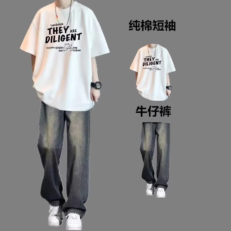 短袖T恤套装男生薄款夏季潮牌宽松运动一整套高街休闲青少年痞帅