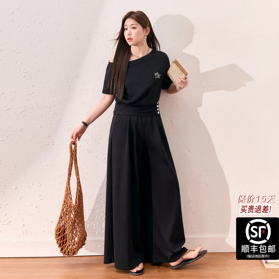 蓝语大码女装休闲收腰遮肚子短袖T恤轻薄直筒裤夏季两件套11421