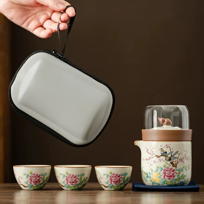 喜上眉梢黄汝窑旅行茶具套装户外车载快客杯露营陶瓷泡茶功夫茶具
