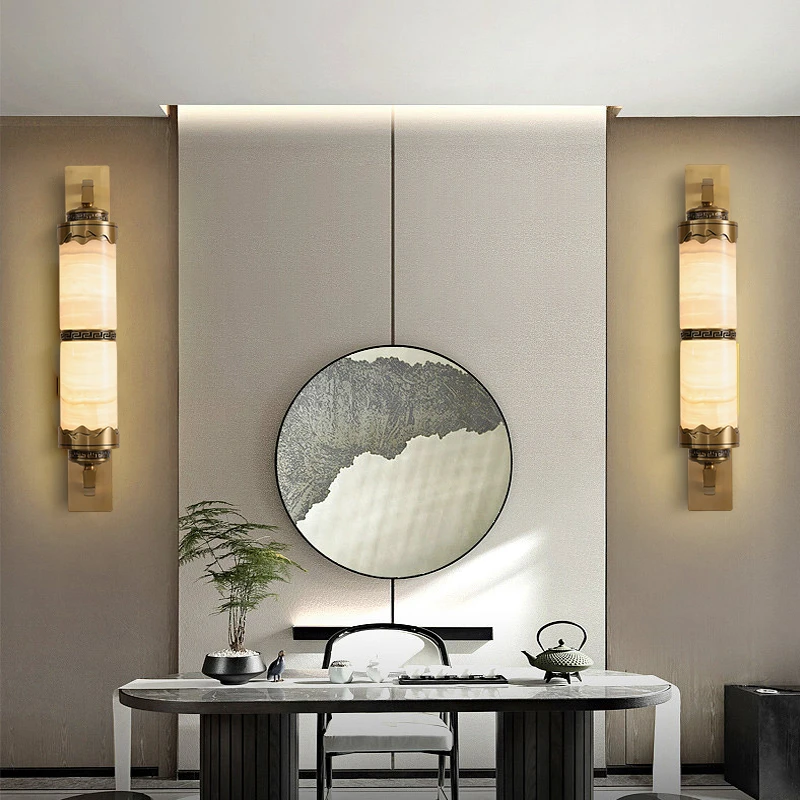 新中式高端全铜加玉石大气国风禅意客厅卧室书房茶室背景墙壁灯