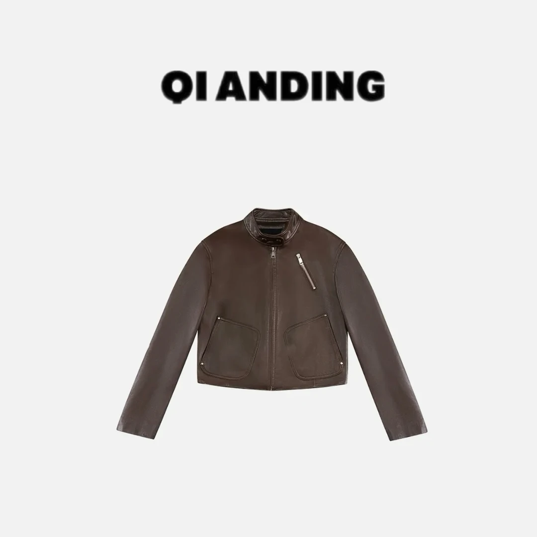 【QIANDING】2025早春“咖啡街区”高级感立领拉链皮衣外套25310